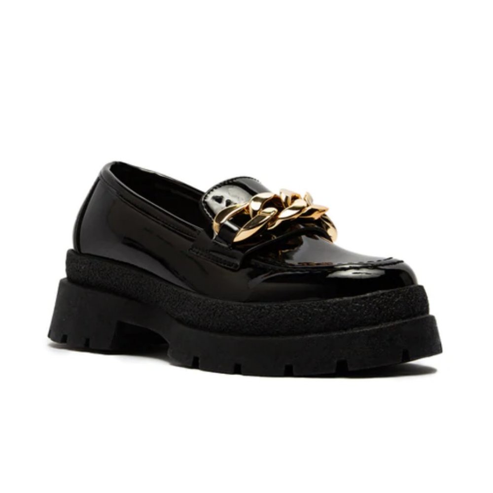 !! NEW !! Black Patent Chunky Heel Platform Loafers with Chain Detail - Picture 2 of 6